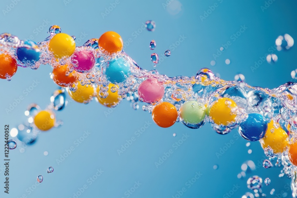 Aufkleber colorful spheres create dynamic motion in water splash against a blue background