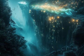 Floating city, glowing lights, misty canyon, fantasy landscape, game asset