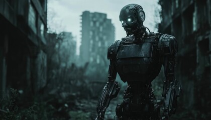 Fototapeta premium A lone robot stands amidst the ruins of a desolate city, a symbol of a bleak future