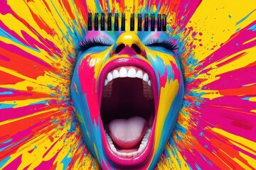 A colorful painting of a woman with a mouth wide open