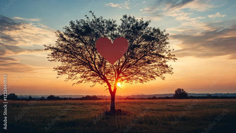 Aufkleber sunset view of a single tree with a heart symbol against a beautiful sky in an open field