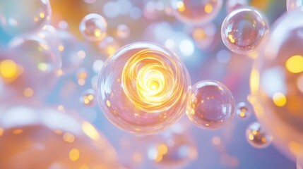 A cluster of luminous spheres orbiting a golden spiral at the center.