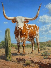 Longhorn Steer in Desert Landscape Under Blue Sky with White Clouds Painting