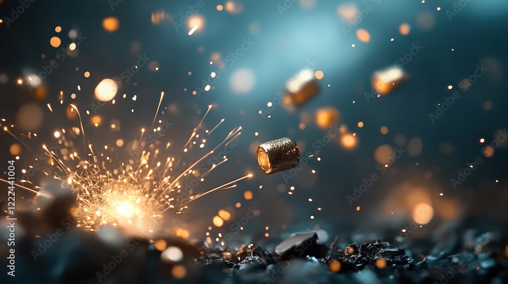 Poster explosive action eventsparks and debris industrial setting dynamic composition cinematic view concep