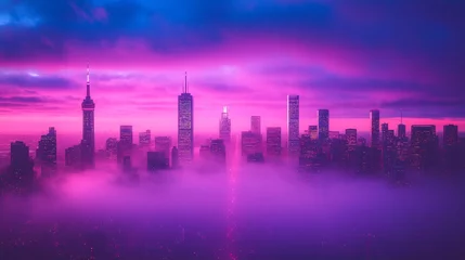 Fototapete Rund Stunning Sunrise over Urban Skyline with Mist and Colorful Clouds © tunanon