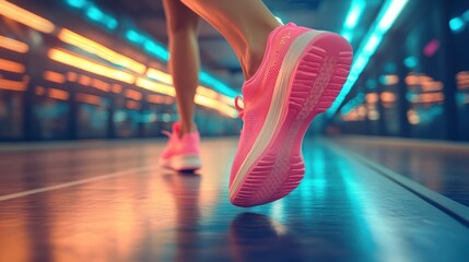 a runner feet in pink sneakers as they accelerate on a bright indoor track.