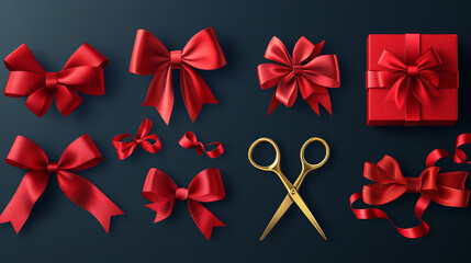 Gold scissors cut red bows and curly ribbons. Festive elements for wrapping gift box, opening ceremony, birthday present or invitation card design isolated on white background. Realistic 3d vector set