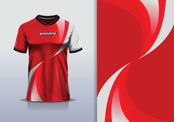 T-shirt mockup abstract curve line sport jersey design for football, soccer, racing, esports, running, in red white color © Nimpuna O