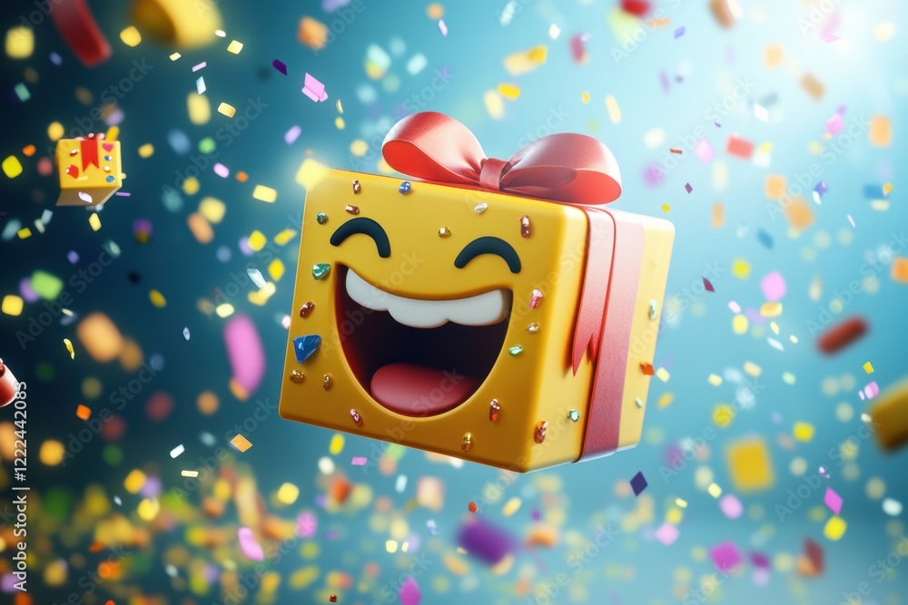 Poster a smiling box with a bow on top of it is surrounded by colorful confetti