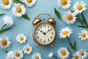 Spring Time Change Background. Vintage clock with flowers on blue background. AI generated