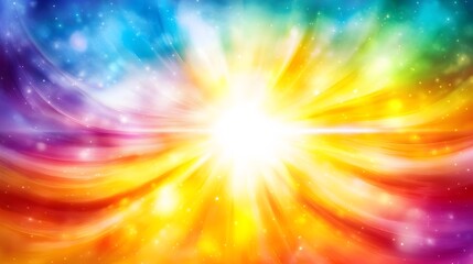 Obraz premium Vibrant Rainbow Burst Abstract Background, Colorful Light Rays, Glowing Energy, Starry Galaxy, Festive Design