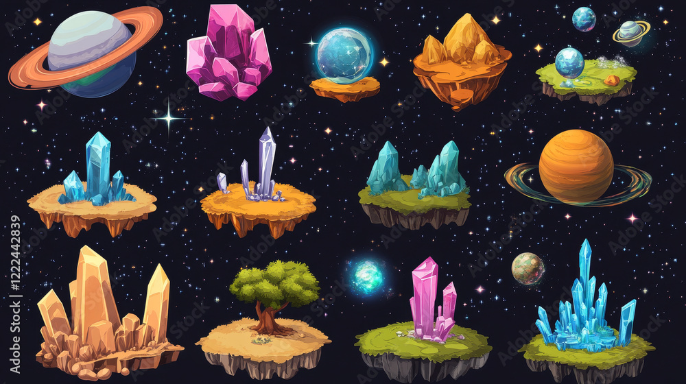 Poster outer space game level ui design creation kit. cartoon set of 2d platform and islands with rocks and