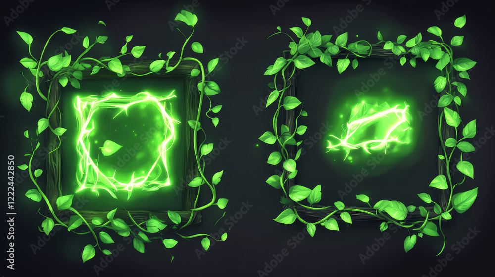 Poster spooky dry liana vines with glow and twisted branches in form of square, rectangle and oval frame fo