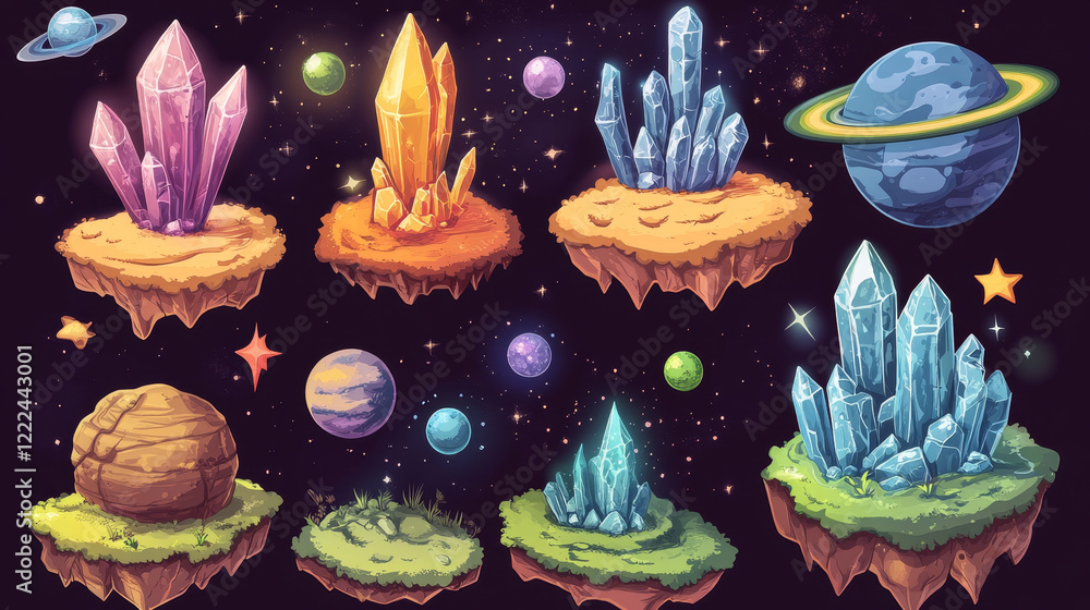 Poster outer space game level ui design creation kit. cartoon set of 2d platform and islands with rocks and