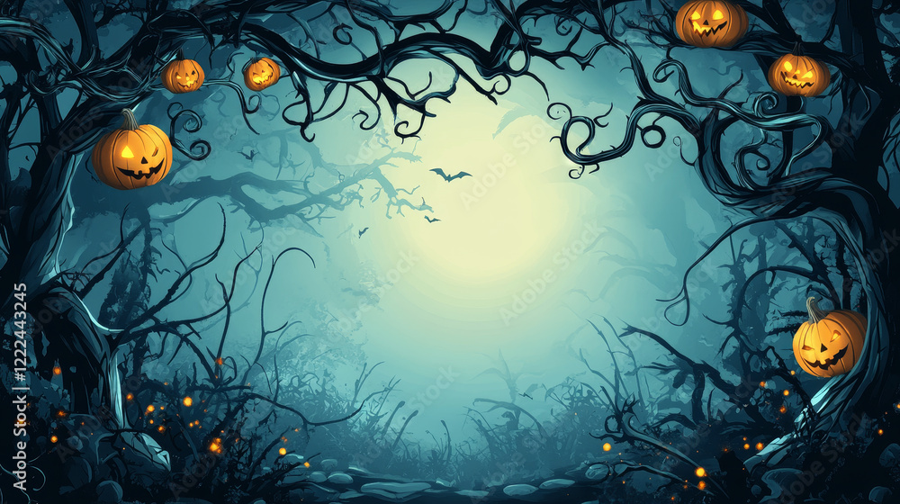 Poster spooky dry liana vines with glow and twisted branches in form of square, rectangle and oval frame fo