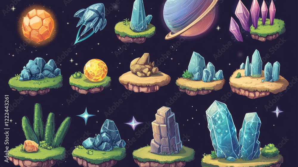 Poster outer space game level ui design creation kit. cartoon set of 2d platform and islands with rocks and