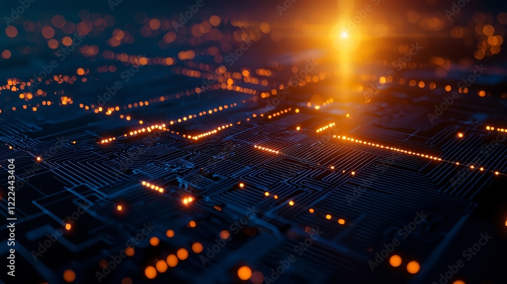 Poster abstract circuit board with glowing lights in dark background