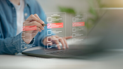 inspector makes marks on the survey topic, Checklist with checkmarks and checkboxes, checklist ideas, online quality assessment, checkbox to conduct opinion and quality surveys or satisfaction