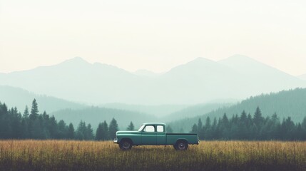 Fototapeta premium Vintage teal pickup truck in a field with mountain background.