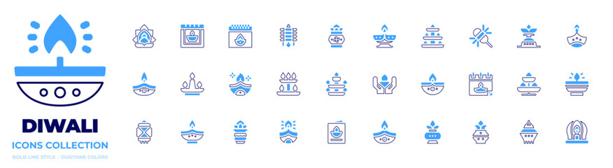 Diwali icon collection. Bold line style. Duotone colors. lamp, candles, candle, oil lamp, kumbh kalash, greeting card, calendar, candelabra, diwali lamp, lantern