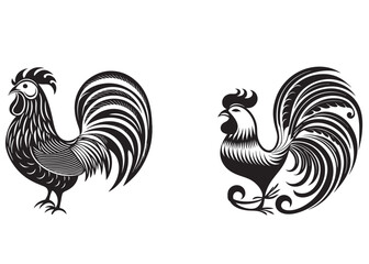 silhouette of rooster logo vector design, rooster icon logo vector, cockerel logo, poultry farms rooster logo vector, chicken black icon on white background.