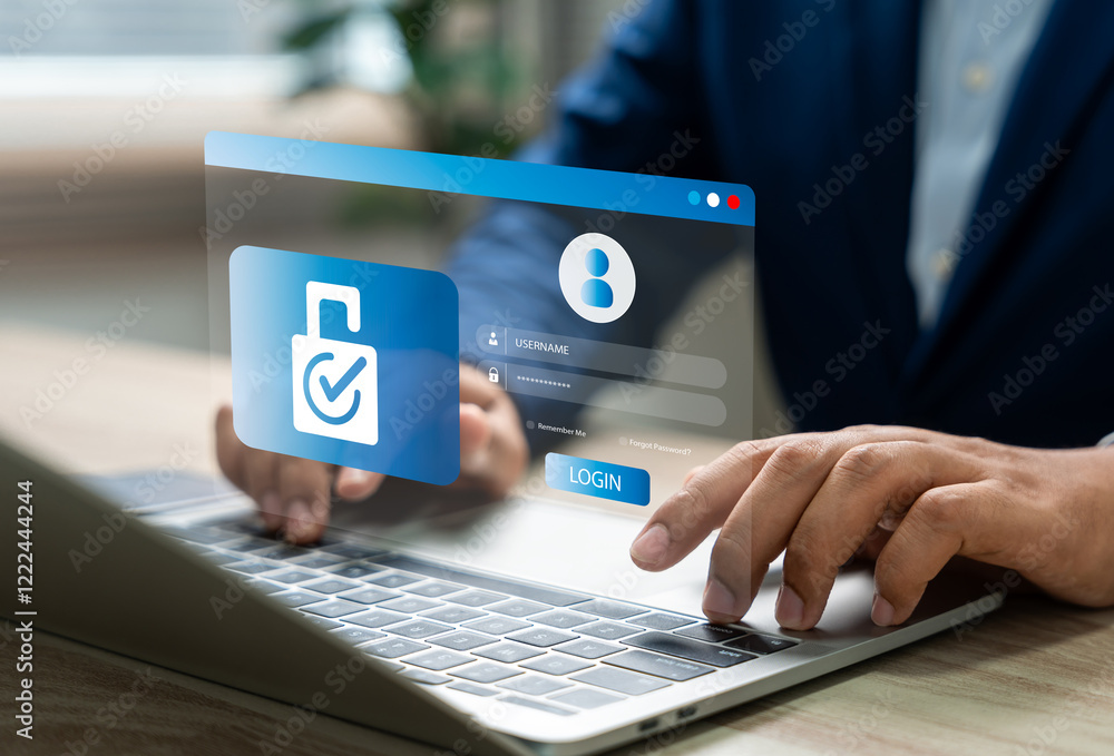 Fototapete cybersecurity protects login and secure internet access, businessman secure data on laptop with encr