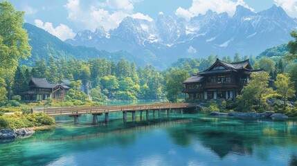 Turquoise waters stretch across a tranquil bay, with a graceful suspension bridge arching over them.