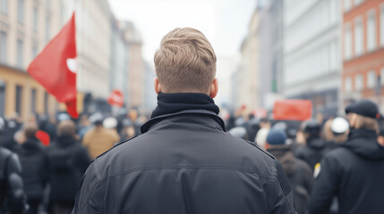 Fototapeta premium A Lone Figure in a Sea of Dissent: A lone figure, seen from behind, stands amidst a bustling protest, a red flag fluttering in the background, his gaze fixed on an unknown horizon.