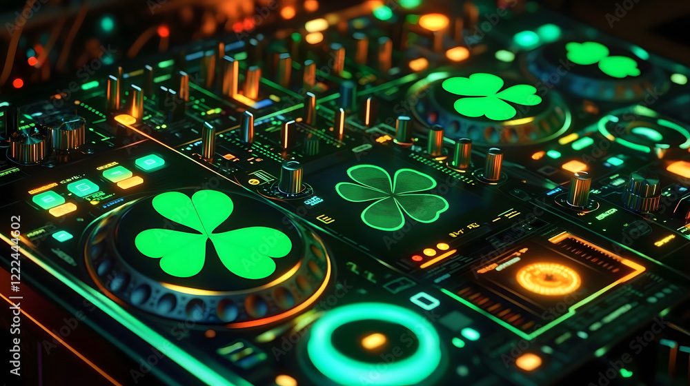 Poster a dj with a futuristic setup: the virtual console glows with green patterns, 3d icons of clovers and