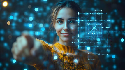 Smiling young woman interacting with futuristic holographic interface surrounded by glowing blue digital particles. Close-up