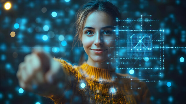 Smiling young woman interacting with futuristic holographic interface surrounded by glowing blue digital particles. Close-up - Powered by Adobe