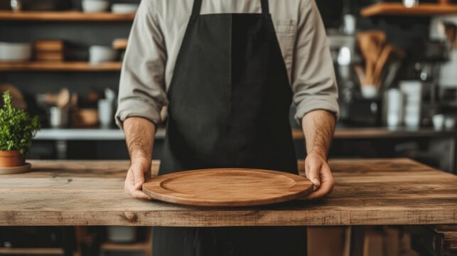 A man in a black apron presents an empty wooden tray on a rustic wooden counter.
