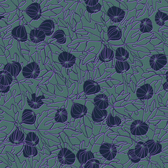 Seamless repeating pattern. Fig tree branches with fruit. Colofull vector illustrations on dark background for surface design and other design projects. Color of the Season Plum Royale