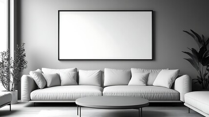 3D rendering of a large blank picture frame on a wall
