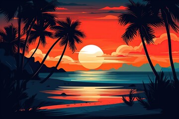 Illustration of a sunset on a bright tropical beach with silhouettes of swaying palm trees in the foreground, casting a warm glow over the sand and calm sea water.