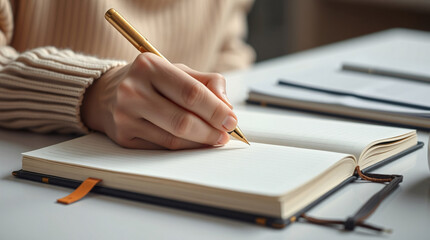 Close-Up of Hand Writing in a Journal with a Gold Pen on a Desk