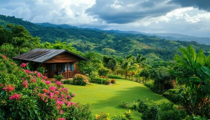 Idyllic Cabin Retreat in Lush Tropical Mountains with Stunning Panoramic Views