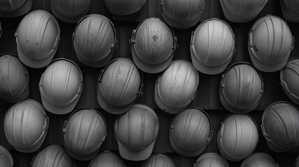 Hard Hat Harmony: A compelling black and white image of a wall adorned with numerous hard hats, symbolizing the collective strength and unity within a workforce.