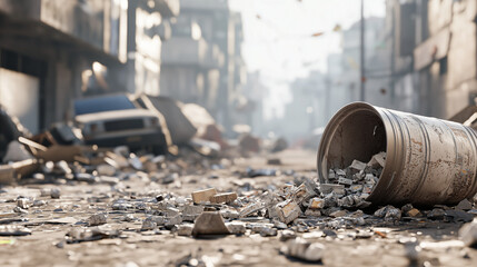 Post-Disaster Debris: A close-up view of rubble and a damaged container amidst the devastation of a city street, symbolizing loss and the aftermath of a catastrophic event. 
