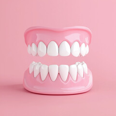 Obraz premium Pink teeth mold in vibrant pink color, dental model, dental care, bright and colorfuldentistry, dental ad, product packaging, educational material, website, social media, brochure, catalog.