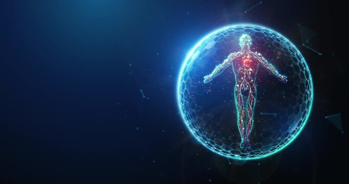 Abstract animation human body made of glowing neon particles protected by shield barrier sphere. Heart circulatory system health care and disease prevention looped animation concept on blue background
