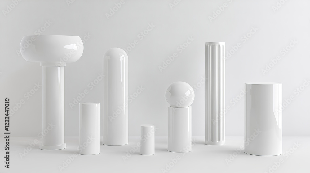 Poster white pillar display pedestals in different geometric shape. realistic 3d vector platform mockup - s