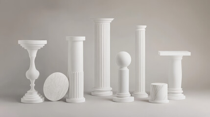 White pillar display pedestals in different geometric shape. Realistic 3d vector platform mockup - slim stand with round top, cylindrical column with cap, segmented vertical mount, simple tubular base