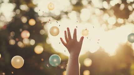 Obraz premium Child's hand reaching for colorful balloons floating in bright sunlight.