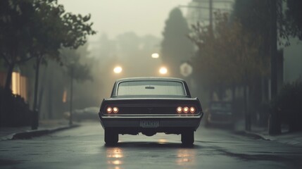 Classic car driving on a foggy street at night.