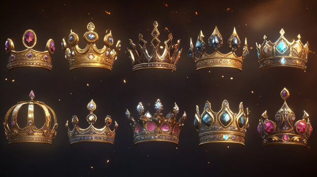 Medieval royal crowns for king, queen, prince or princess. Vector cartoon set of game icons with gold, silver and bronze coronas with gems and diamond, antique jeweled headdress