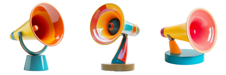 Set of A close-up shot of four microphones in vibrant colors, arranged in a row on a wooden table with soft studio lighting highlighting their details on transparent png background