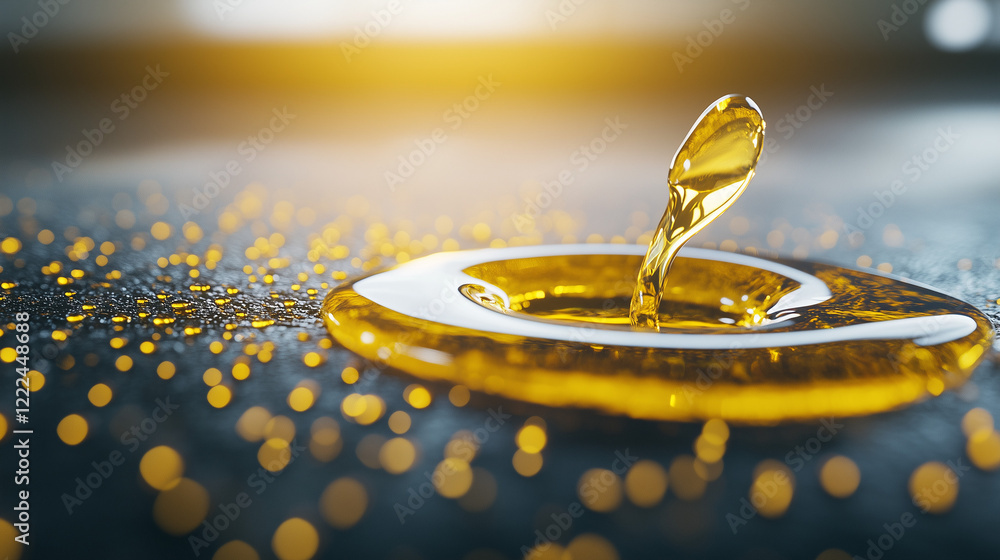 Poster golden liquid drop: a golden liquid drop falls into a pool of shimmering liquid, creating a mesmeriz