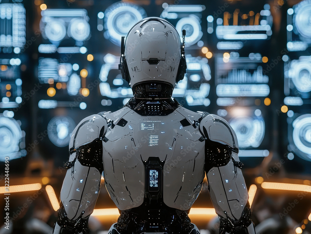 Poster futuristic ai control center features humanoid operator amidst vibrant holograms displaying critical