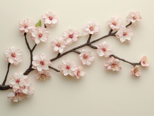 Obraz premium Delicate cherry blossom branch arrangement indoor setting floral minimalist environment close-up view nature's beauty celebrated